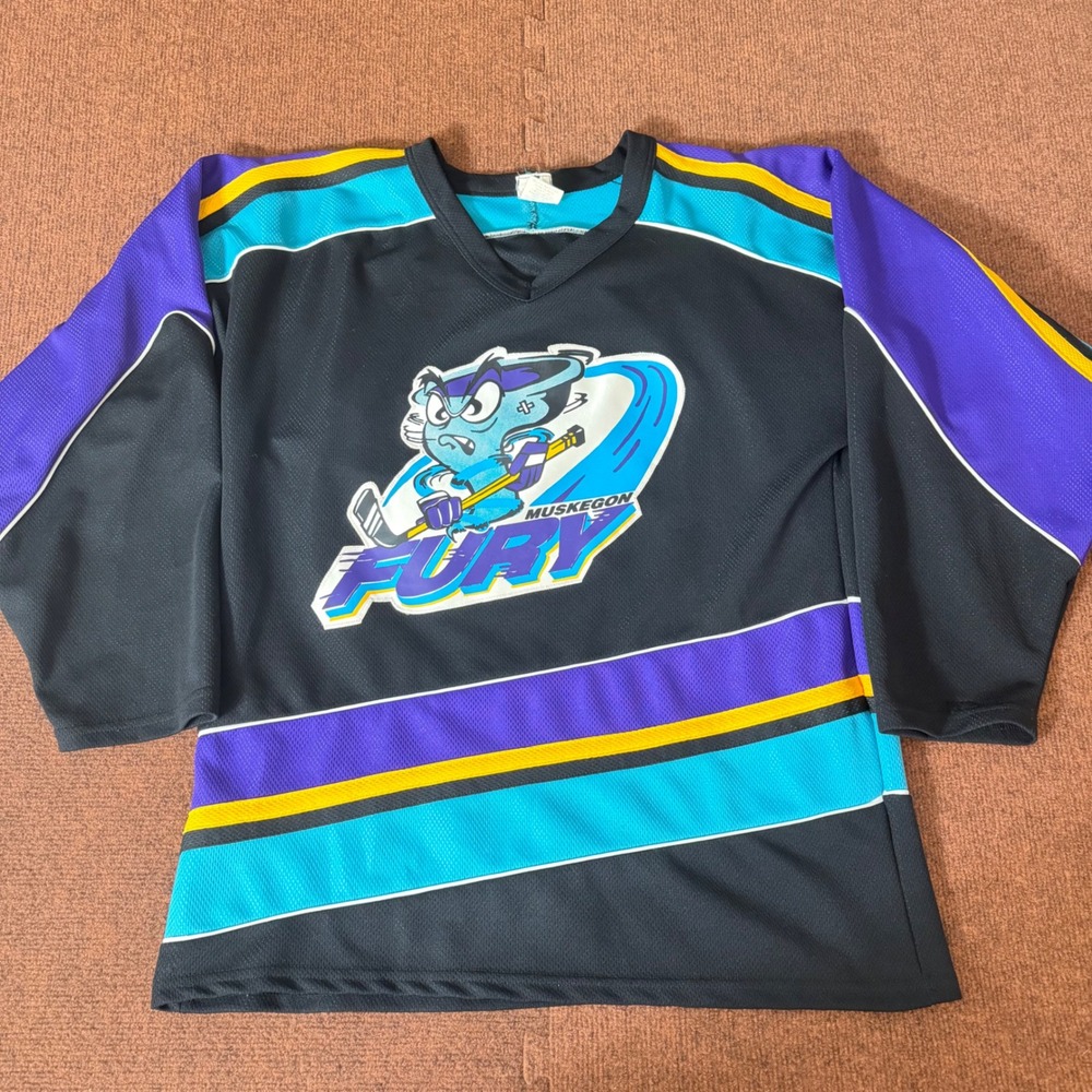 Athletic Knit Muskegon Fury Hockey Jersey Mens‎ Medium Black Purple Teal Canada